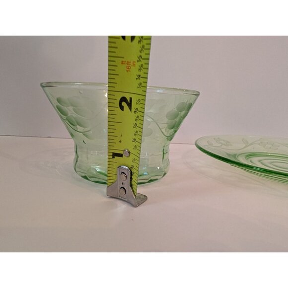 Vintage Green Uranium Glass Bowl & Saucer With Floral Etching - Picture 8 of 9